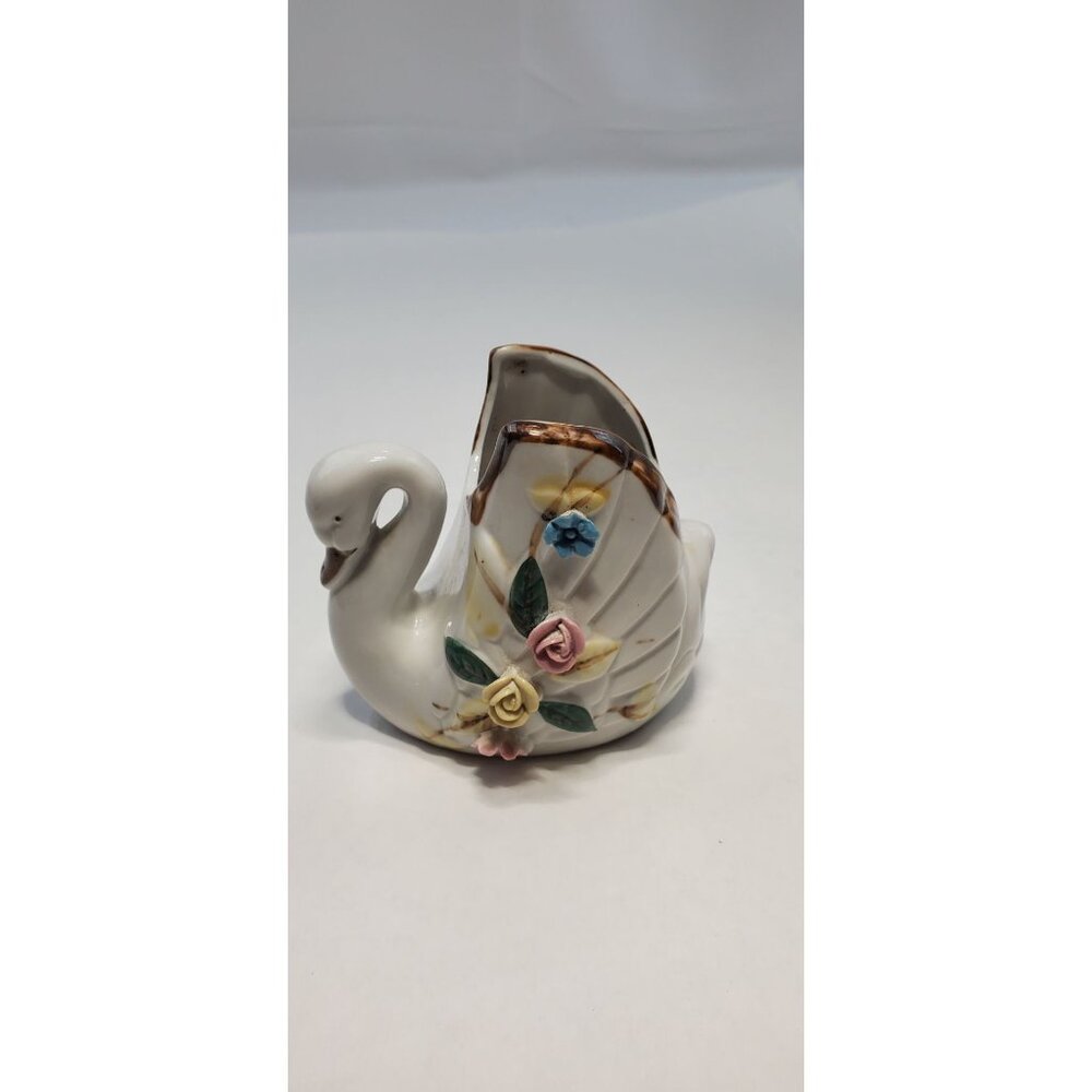 Vintage Small Swan Figurine Planter White Porcelain Hand Painted Floral Design